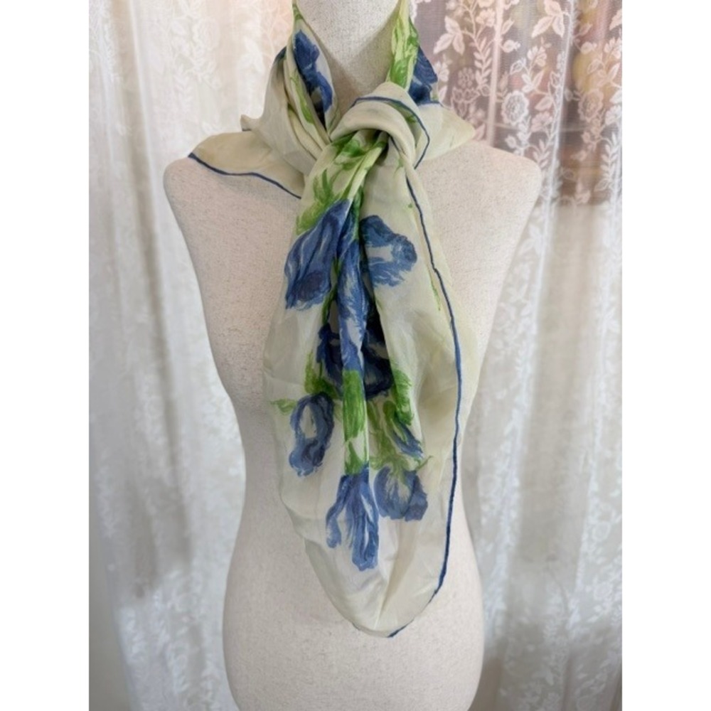 Vintage Blue Rose Floral Square Scarf Cream Sheer Rolled Edge Accessory